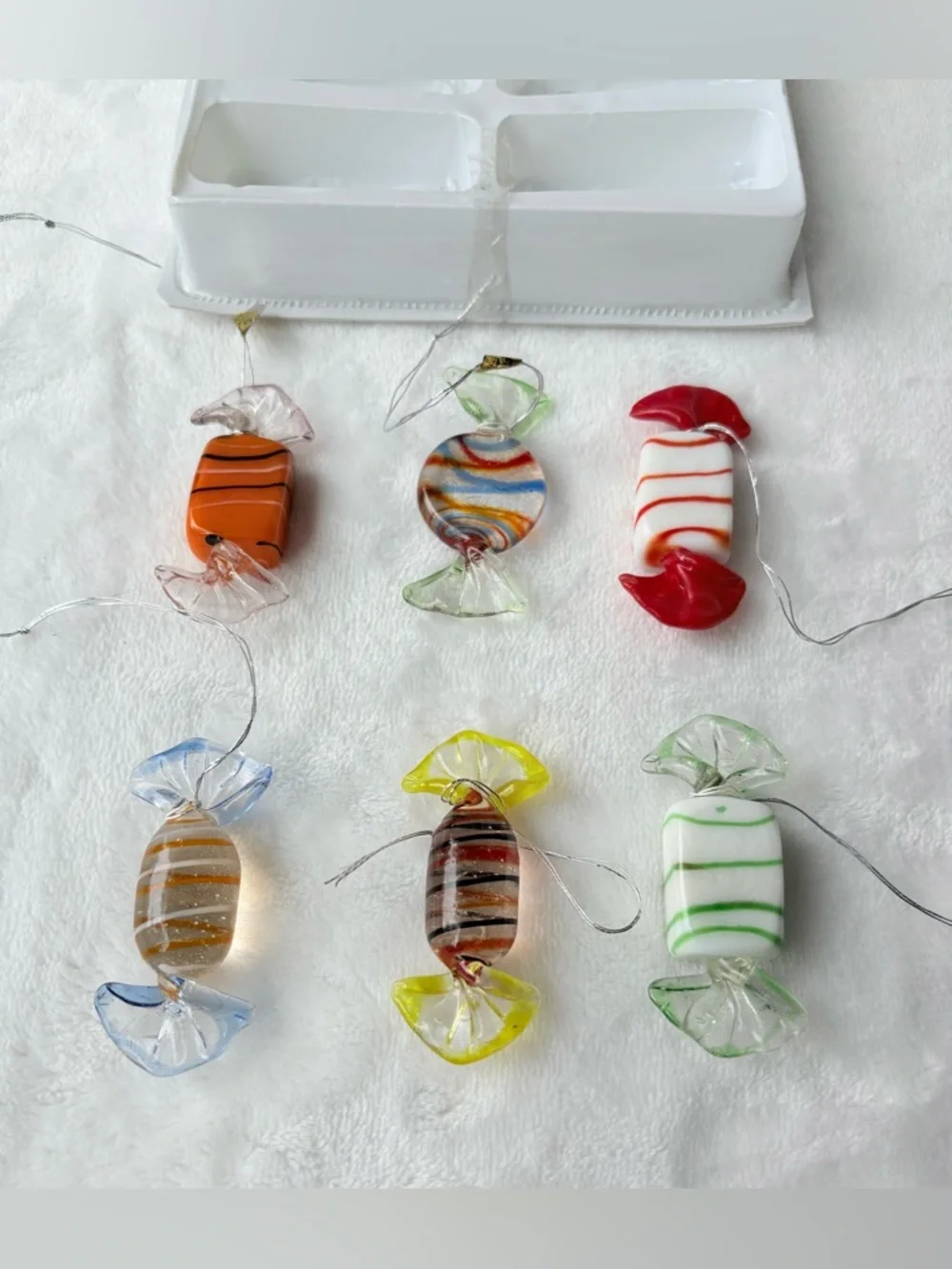 Set Of 6 Vintage Murano Style Hand Blown Art Glass Wrapped Candy Pieces